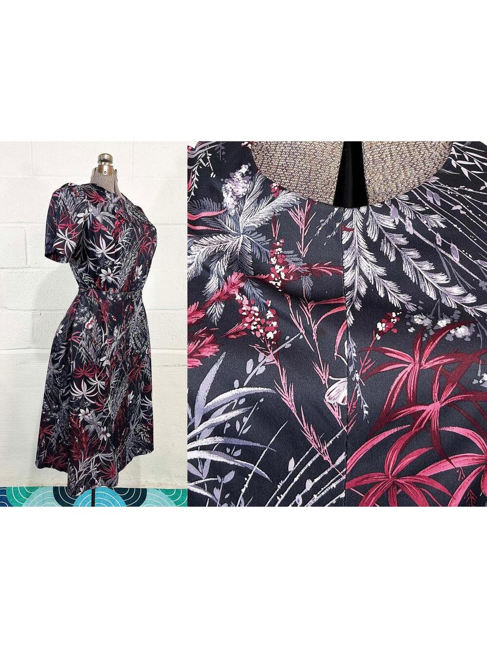 Vintage Dark Gray Floral Dress Shift Burgundy Butterflies 1970s 1980s Large